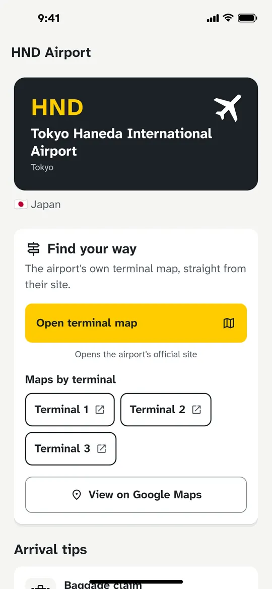TripEase on iPhone showing the Haneda airport guide: a charcoal sign with the code HND, a yellow Open terminal map button for the airport's own site, terminal map links and View on Google Maps