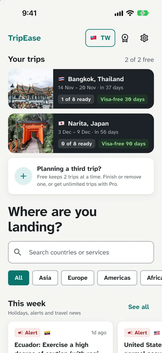 TripEase on iPhone showing the Home screen: two saved trips, Bangkok, Thailand in 37 days and Narita, Japan in 56 days, each with checklist progress and a visa-free badge, a note that Free keeps two trips at a time, and the Where are you landing? search