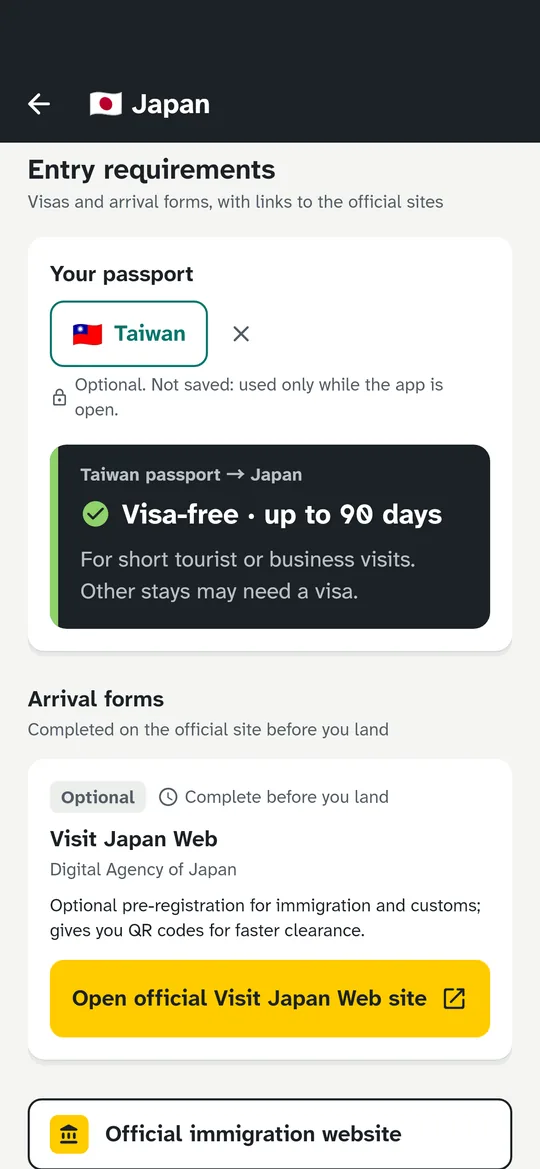 TripEase on iPhone showing Japan entry requirements for a Taiwan passport: visa-free up to 90 days on a charcoal card, then the optional Visit Japan Web arrival form with a yellow Open official Visit Japan Web site button