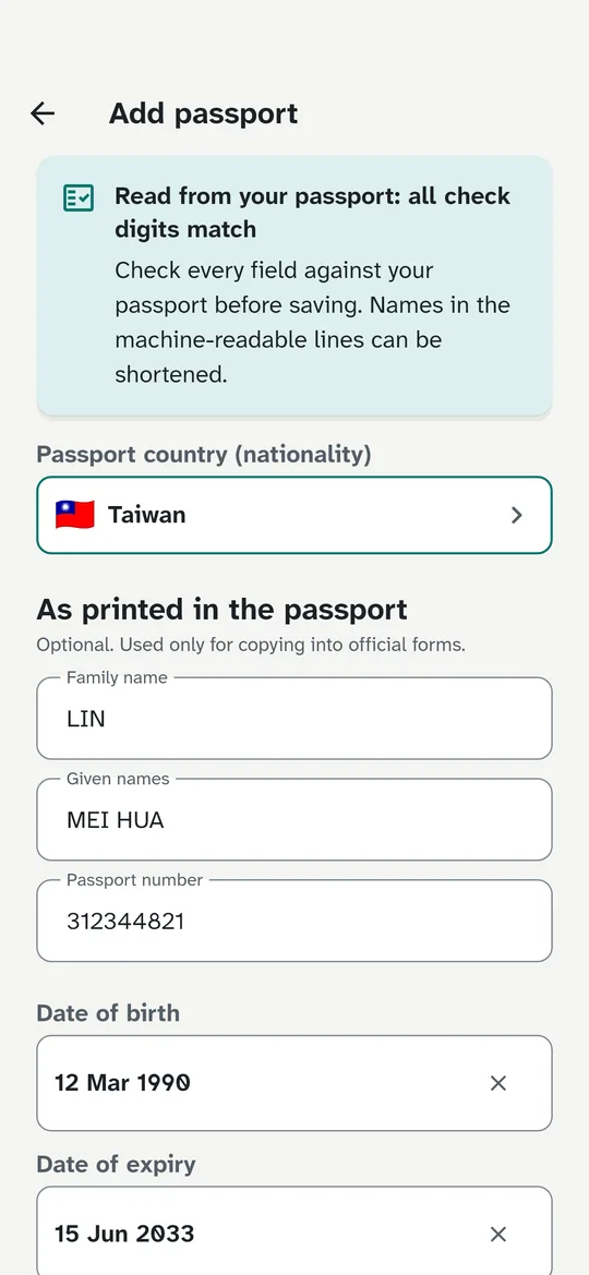 TripEase on iPhone showing Add passport after a scan: a note that all check digits match, asking you to check every field, then the passport country Taiwan and the name, number and dates read from the passport