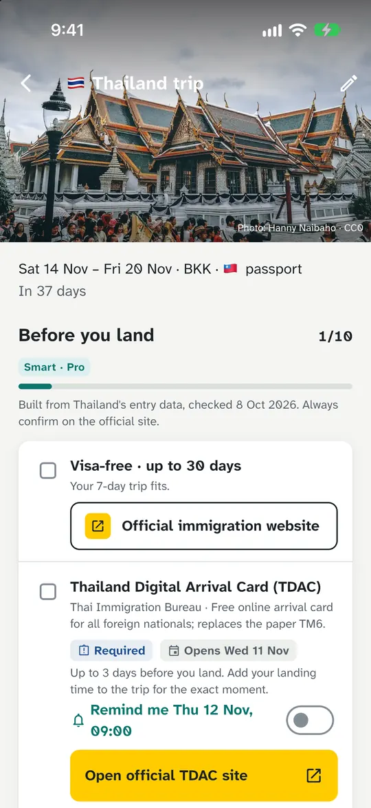TripEase on iPhone showing a Thailand trip checklist on Pro: visa-free up to 30 days with the official immigration website, and the Thailand Digital Arrival Card marked required, opening on Wed 11 Nov, with a reminder switch and a yellow Open official TDAC site button